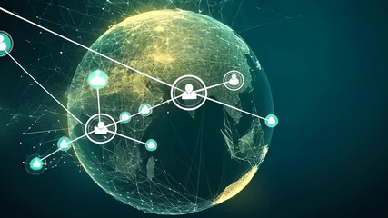 Poster - Global network connections: digital data transfer across an animated earth
