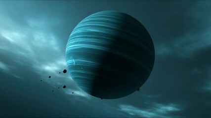 Wall Mural - Striking view of a large, ringed planet with several moons in a blue, atmospheric space background with swirling clouds.
