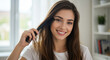 © StockWorld - Healthy Hair, Happy You! Girl Comb, Smiling Beauty, Smooth Styling, Home Haircare, Routine, Hair Health, Shiny, Hairdresser, Daily Routine.