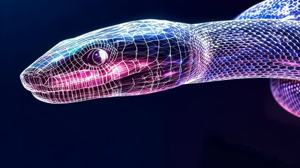 Poster - Neon glowing wireframe snake animates in futuristic digital space