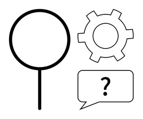 Poster - Magnifying glass, gear, and speech bubble highlight concepts of search, problem-solving, and analysis. Ideal for innovation, productivity, troubleshooting, technology discovery strategy and simple