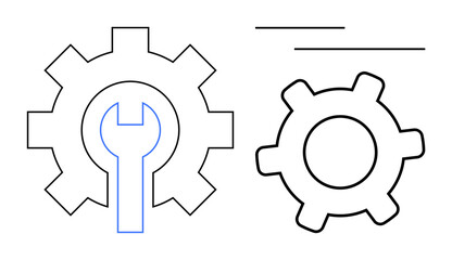 Two outlined gears with minimal lines and a wrench outline inside one gear. Ideal for maintenance, system configuration, innovation, solutions, engineering, process optimization, and technology