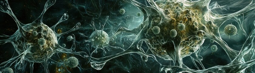Poster - Close-up of alien microbes adapting to extreme Martian environments showcasing unique structures and resilience in a cosmic setting