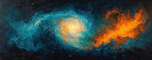 Poster - Celestial Vortex of Electric Blue and Orange Swirling Gas in Cosmic Space with Glowing Stars and Mystical Energy Flowing in Dynamic Patterns