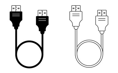 Fototapete - USB and Charging Cable Icon Set, Minimalist Black and White Vector Illustrations for Data Transfer, Power Connection, and Tech UI Design in Flat Style for power connection cords.