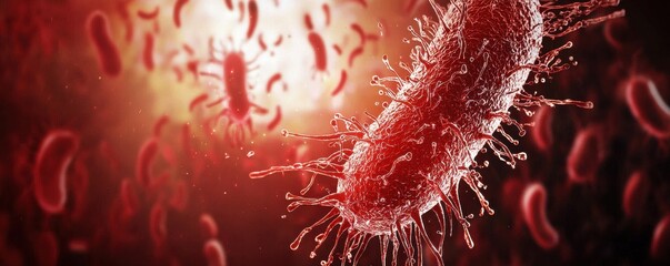 Poster - Close-Up of Deadly Bacteria Thriving in Contaminated Environment with Vibrant Red and Black Background
