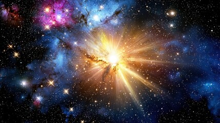Poster - Breathtaking View of a Pulsar Beaming Intense Waves of Light Through a Spectacular Cosmic Landscape Filled with Stars and Nebulae