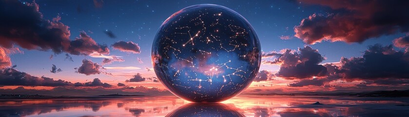 Poster - Celestial Sphere Reflecting Constellations with a Colorful Sky at Dusk, Capturing the Beauty of Night and Nature's Wonders