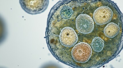 Poster - Close-Up View of Various Bacterial Cultures Showcasing Unique Shapes and Colors Under Microscope