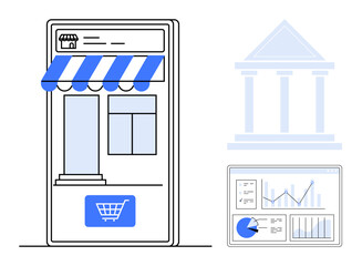 Poster - smartphone display with an online storefront, bar graph and pie chart dashboard, and symbolic bank f