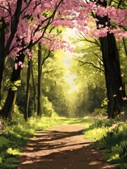 Aufkleber - 春の桜並木が彩る森林の中の小道 太陽光が降り注ぐ緑豊かな風景