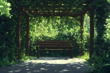 Aufkleber - 緑豊かな木陰のベンチと木漏れ日差しが降り注ぐ夏の庭園風景
