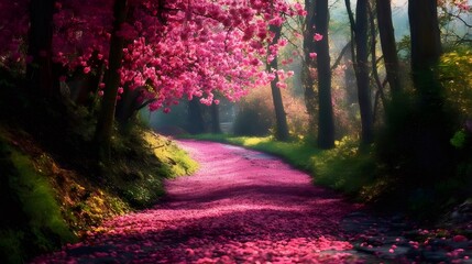 Aufkleber - 桜並木の小道 ピンクの花びらが舞う春の風景 陽光が差し込む美しい森林の景色