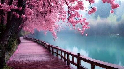 Aufkleber - 桜並木と湖畔の小道を彩る満開の桜 ピンク色の花びらが舞い散る春の美しい風景