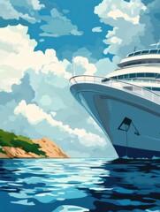 Poster - 青い海原を航海する大型クルーズ船と爽やかな青空と入道雲が広がる風景画