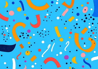 Poster - Confetti flat vector illustration with a blue background, colorful ribbons and dots flying around the scene, simple shapes, flat design style, minimalist