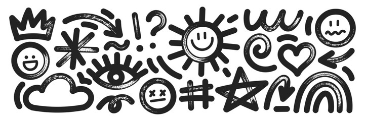 set of hand drawn elements with brush, marker or crayon texture. grunge cloud, sun, rainbow and eye 