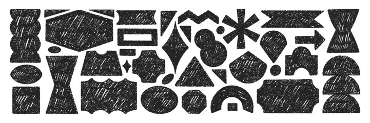 Set of playful elements with abstract geometric shapes. Rectangle, circle, oval and zigzag with crayon, chalk or pastel texture. Hand drawn vector illustration.