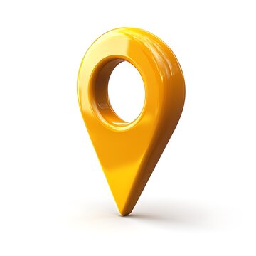 A simple icon of a yellow location pin, on a white background, in a 3D rendering style, smooth and shiny!
