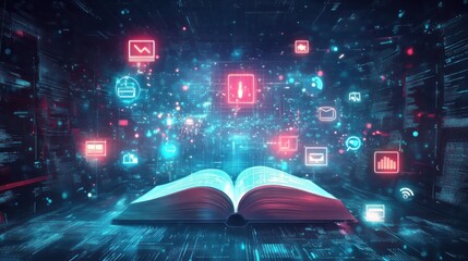Open book, digital icons, code background, knowledge transfer