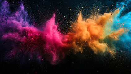 Poster - colorful powder explosion on a black background, with a colorful powder splash in the air.