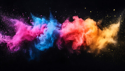 Poster - colorful powder explosion on a black background, with colorful dust flying in the air.