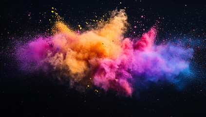 Poster - colorful powder explosion on a black background, with colorful dust flying in the air.