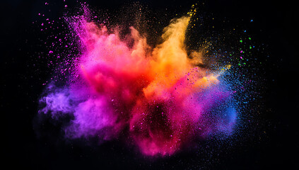 Poster - colorful powder explosion on a black background, with colorful dust flying in the air.