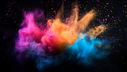 Poster - colorful powder explosion on a black background, with colorful dust flying in the air.