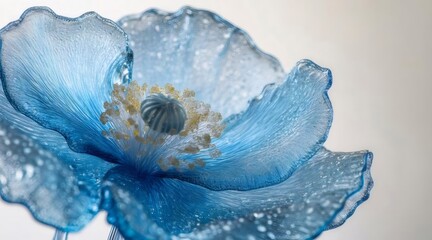 Aufkleber - 青い透明なガラスの花のクローズアップ 白い背景に水滴と繊細な花びら 鮮やかな色と詳細なデザイン