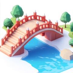 Aufkleber - 赤い橋が青い水と緑の木々と白い背景の中で調和する夏の風景