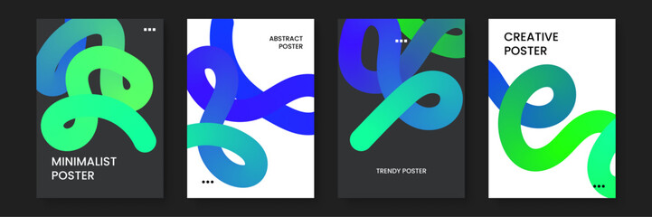 Poster - Four posters showcasing blue and green wavy shapes. Modern design suitable for posters, flyers, banners, and digital backgrounds in marketing materials.