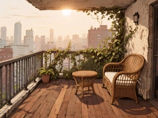 Poster - 日当たりの良い朝の都会のバルコニーの風景 木の椅子と小さなテーブル 自然光が差し込む静かな休息空間