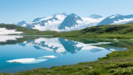 Aufkleber - 青い空の下 穏やかな湖面に山々の景色が映る 夏の爽やかな自然風景 雪を抱く山々と緑豊かな草地のコントラスト 晴天の美しい自然景観