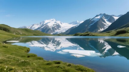 Aufkleber - 雪山と湖の風景 青い空と水面の反射 自然の美しさ 夏の晴天