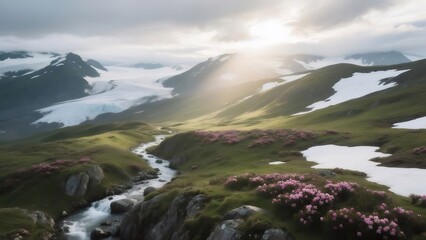 Aufkleber - ピンクの花咲く高山草地と清流の風景 山岳地帯の美しい自然光に照らされた風景