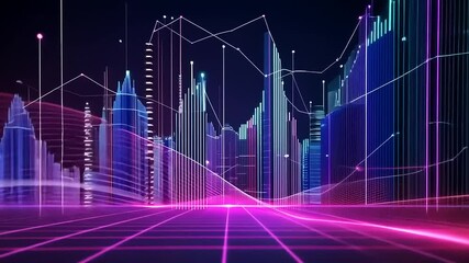 Wall Mural - Vibrant city skyline with data visualization overlay