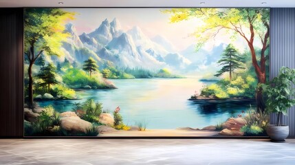 Aufkleber - 水彩画の湖と山々の風景 壁面装飾 緑豊かな木々と植物 明るい色彩の自然美