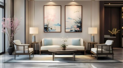 Poster - 洗練されたモダンなリビングルーム 白いソファと木製家具 アート作品 桜の花の装飾 暖かく穏やかな雰囲気