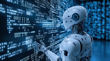 Cyber ​​robots surrounded by floating digital code digital screens