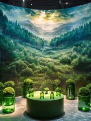 Poster - 深緑の森を背景とした緑色のガラス瓶と円卓の静物構成 高度な照明効果と自然の要素を組み合わせた芸術的なディスプレイ