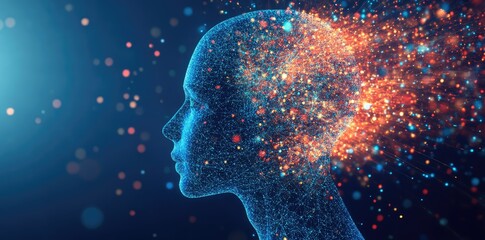 Poster - A digital representation of a human head in profile. showcasing intricate neural connections and glowing particles. symbolizing advanced technology and artificial intelligence