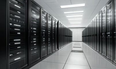 Poster - A modern data center featuring rows of sleek server racks in a well-lit corridor. showcasing advanced technology and a clean. organized environment ideal for IT operations
