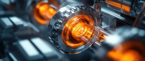 Poster - Close-up view of a futuristic machine with glowing orange lights and intricate metallic components. showcasing advanced technology in a high-tech environment
