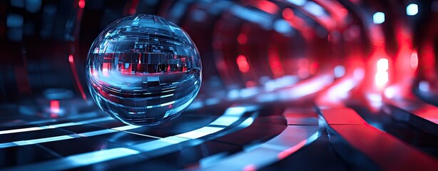 Poster - A vibrant abstract composition featuring a reflective sphere amidst flowing. glossy waves of blue and red light. creating a dynamic and futuristic atmosphere