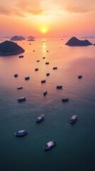 Poster - 夕焼けの海に浮かぶ多数のボートと島々 太陽が水面に反射する美しい景色