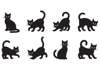  Playful and sitting cat silhouettes set, cute domestic cats in various poses and playful movements