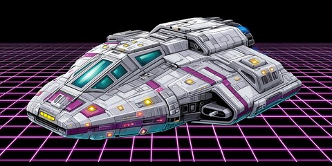 Wall Mural - Futuristic spaceship on a neon grid background, evoking retro sci-fi and cyberpunk aesthetics.