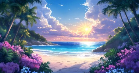 Poster - 青い海と砂浜に夕日が差し込む熱帯の風景画 ヤシの木と花が咲き乱れる楽園のような光景