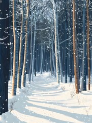 Poster - 雪の降り積もる冬の森の中の小道 太陽光が降り注ぎ輝く白い雪道